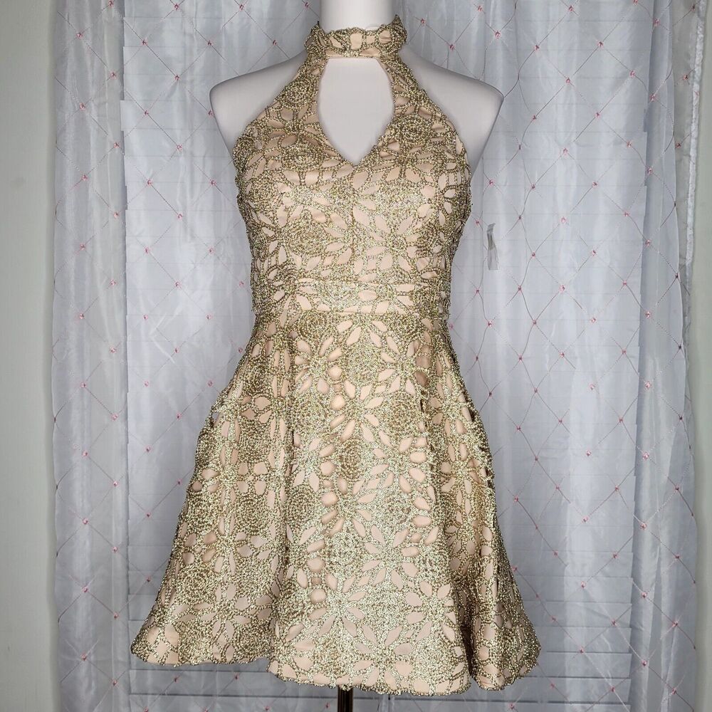 Gold Sz 4 Baroque Halter Skater Cocktail Holiday Party Dress NYE Birthday NWOT